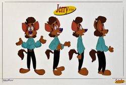  2021 alternate_species anthro barefoot belt blue_clothing blue_shirt blue_topwear bottomwear brown_body brown_fur brown_hair character_name clothed clothing feet front_view fully_clothed fur hair hi_res hyena jerry_seinfeld kosperry male mammal model_sheet pants seinfeld shirt side_view simple_background solo spotted_hyena topwear white_background 