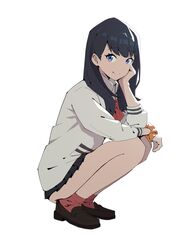  absurdres bare_legs black_hair black_skirt blue_eyes bow bowtie breasts cardigan closed_mouth female full_body gridman_universe hand_on_own_face highres long_hair long_sleeves looking_at_viewer medium_breasts orange_scrunchie pleated_skirt psylduck red_bow red_bowtie red_socks school_uniform scrunchie shirt skirt smile socks solo squatting ssss.gridman straight_hair takarada_rikka thighs wrist_scrunchie 