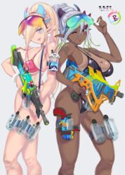  2girls :d ;) artist_name back-to-back bare_arms bare_shoulders bikini black_bikini blonde_hair blue_eyes breasts cleavage closed_mouth commentary_request dark-skinned_female dark_elf dark_skin earrings elf eyewear_on_head facial_mark fangs fingernails gradient_hair green_hair grey_background grey_hair hair_over_one_eye hand_up high_ponytail highleg highleg_bikini highres holding jewelry large_breasts leilla_(mi_mi_ham) long_hair medium_breasts mi_mi_ham multicolored_hair multiple_girls one_eye_closed open_mouth original pink_bikini pink_hair pointy_ears purple_eyes rikka_(mi_mi_ham) skindentation smile super_soaker swimsuit tan tanlines thigh_strap thighs twitter_username two-tone_hair underboob very_long_hair wristband 