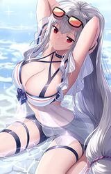  arknights arms_up black_shorts breasts cleavage commentary_request cybercat eyewear_on_head female grey_hair highres large_breasts long_hair low-tied_long_hair navel official_alternate_costume red_eyes short_shorts shorts sitting skadi_(arknights) skadi_(waverider)_(arknights) solo stomach sunglasses thigh_strap thighs very_long_hair wariza 