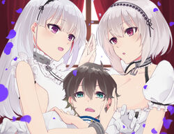  1boy 2girls age_difference azur_lane breasts brown_hair caressing choker commander_(azur_lane) dido_(azur_lane) dress face_hold green_eyes headband highres holding_hands hzlbanka88 little_boy_commander_(azur_lane) multiple_girls onee-shota pink_eyes purple_eyes sirius_(azur_lane) straight white_dress white_hair 