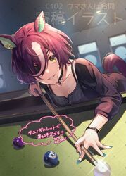  animal_ears artist_name ball billiard_ball billiards black_jacket black_pants blue_nails botantouki bracelet brown_hair camisole collar collarbone comiket_102 commentary_request cue_stick ear_ornament eyepatch female grey_camisole grin hair_over_one_eye horse_ears horse_girl horse_tail jacket jewelry leaning_forward long_sleeves looking_at_viewer nail_polish official_alternate_costume pants pool_table ribbed_camisole smile solo table tail tail_through_clothes tanino_gimlet_(umamusume) translation_request twitter_username umamusume yellow_eyes 