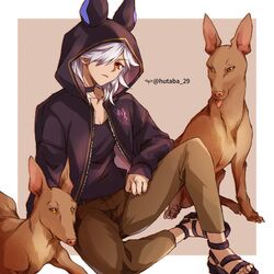  1boy androgynous animal_ears animal_hood bad_id bad_twitter_id bishounen black_choker black_jacket brown_pants canine choker commentary cyno_(genshin_impact) dark-skinned_male dark_skin full_body genshin_impact hair_over_one_eye highres hood hutaba_29 jackal_ears jacket long_hair looking_at_viewer male_focus open_clothes open_jacket orange_eyes pants pharaoh_hound sandals sitting solo symbol-only_commentary white_hair 