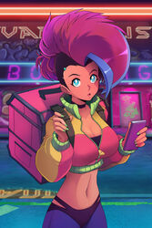  absurdres backpack bag big_hair black_choker black_hair black_shorts blipsqueek blue_eyes blue_leggings breasts cellphone choker cleavage collaboration crop_top cropped_jacket cyberpunk dark-skinned_female dark_skin english_commentary female fingernails green_nails highres jacket large_breasts leggings medium_hair midriff mizu_wolf mohawk moika_(moikaloop) moikaloop multicolored_clothes multicolored_hair multicolored_jacket navel original partially_unzipped phone pink_hair short_shorts shorts smartphone solo two-tone_hair zipper_pull_tab 