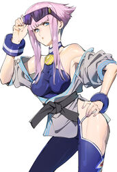  absurdres bare_shoulders blue_eyes dougi eyewear_on_head female flipped_hair hand_on_own_hip highres hip_vent manon_legrand martial_arts_belt off_shoulder panty_straps pink_hair short_hair_with_long_locks sidelocks solo street_fighter street_fighter_6 sunglasses tanakalma white_background wristband 