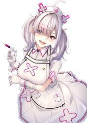  :d ahoge apron arm_under_breasts bandaged_arm bandages breast_hold breasts collared_dress commentary_request dress female frilled_dress frills gloves grey_hair hair_ornament hair_over_one_eye hat highres holding holding_syringe large_breasts mole mole_under_eye nijisanji nurse nurse_cap open_mouth puffy_short_sleeves puffy_sleeves short_sleeves sidelocks simple_background smile solo sukoya_kana syringe twintails virtual_youtuber white_apron white_background white_dress white_gloves white_hat wrist_cuffs x_hair_ornament ym_(distance819) 