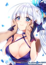  1boy artist_name azur_lane blue_dress blue_eyes blue_gloves blush breasts chinobara cleavage commentary_request dress female gloves hair_ribbon hair_rings illustrious_(azur_lane) illustrious_(never-ending_tea_party)_(azur_lane) large_breasts mole mole_under_eye official_alternate_costume ribbon smile tress_ribbon tri_tails white_hair 