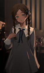  aonuma_neiru blue_ribbon blurry blurry_background blush braid brown_hair dark-skinned_female dark_skin dress fei_(songyijie) female green_eyes grey_dress hair_ribbon highres long_hair long_sleeves looking_at_viewer parted_lips ribbon solo twin_braids wonder_egg_priority 