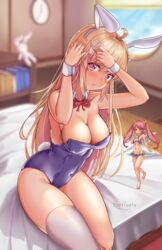  2girls :3 adjusting_hair_ornament ahoge animal_ears artist_name bare_shoulders barefoot blonde_hair blurry blurry_background blush bow bowtie breasts cleavage clock collarbone commentary_request cosplay day detached_collar erina_(rabi-ribi) erina_(rabi-ribi)_(cosplay) fairy fairy_wings fake_animal_ears groin hair_ornament hair_ribbon hairband hairclip hand_to_own_mouth hands_up highres kaptivate large_breasts leotard long_hair looking_at_viewer mini_person minigirl multiple_girls navel on_bed pink_hair playboy_bunny pointy_ears purple_leotard rabbit_ears rabbit_tail rabi-ribi red_bow red_bowtie red_eyes ribbon ribbon_(rabi-ribi) rumi_(rabi_ribi) single_thighhigh sitting small_breasts smile stuffed_animal stuffed_rabbit stuffed_toy tail thighhighs twintails very_long_hair white_hairband white_thighhighs wings wrist_cuffs yellow_ribbon 