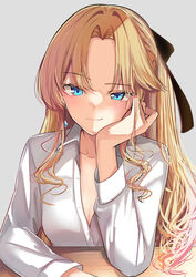  azur_lane blonde_hair blue_eyes closed_mouth collarbone desk duplicate earrings female hair_intakes hair_ribbon hand_on_own_chin hand_on_table head_rest jewelry light_blush lips long_hair looking_at_viewer partially_unbuttoned pixel-perfect_duplicate ribbon schreibe_shura shirt simple_background smile solo table upper_body vanguard_(azur_lane) white_shirt 