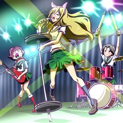  3girls animal_ears arms_up band barbell black_neckerchief blouse boots brown_hair cat_ears commentary drum drum_set electric_guitar eyepatch fake_animal_ears food freckles frown fruit girls_und_panzer glasses green_skirt grey_hair grin guitar hair_between_eyes hair_pulled_back hairband half-closed_eyes holding holding_instrument holding_microphone instrument jaw_drop kogane_(staygold) long_hair looking_at_another low_ponytail medium_skirt microphone microphone_stand midriff miniskirt momogaa_(girls_und_panzer) multiple_girls music neckerchief nekonyaa_(girls_und_panzer) night no_neckwear ooarai_school_uniform open_mouth peach pink_hairband piyotan_(girls_und_panzer) playing_instrument pleated_skirt ponytail red_footwear rimless_eyewear round_eyewear sailor_collar school_uniform shirt short_hair short_sleeves singing skirt smile spotlight stage stage_lights standing standing_on_one_leg sweatdrop tank_shell white_sailor_collar white_shirt 