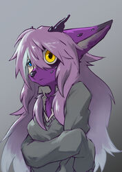  absurd_res anthro blue_eyes body_part_growth breasts chest_tuft clothing dragon ears_back female fur fur_growth furred_dragon furred_scalie gradient_background green_clothing green_sweater green_topwear grey_background growth hair heterochromia hi_res holding_arm horn horn_growth human human_to_anthro kemono long_hair looking_at_viewer mammal mid_transformation mythological_creature mythological_scalie mythology oversized_clothing oversized_shirt oversized_topwear pink_hair pivoted_ears purple_body purple_fur purple_nose scalie shaded shirt shizumi_tsubasa simple_background snout snout_growth solo species_transformation sweater topwear transformation tuft yellow_eyes 