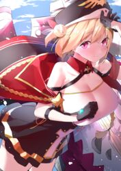  absurdres azur_lane bare_shoulders blonde_hair blush breasts commentary cotton_kanzaki female gloves hair_bun hat highres large_breasts leipzig_(azur_lane) leipzig_(retrofit)_(azur_lane) looking_at_viewer open_mouth purple_eyes rigging short_hair single_hair_bun solo thighhighs 