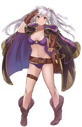  belt bikini breasts brown_eyes brown_gloves cleavage closed_mouth female fire_emblem fire_emblem_awakening fire_emblem_heroes full_body gloves highres o-ring o-ring_bikini robin_(female)_(fire_emblem) robin_(female)_(summer)_(fire_emblem) robin_(fire_emblem) simple_background smile solo spiffydc swimsuit thigh_strap twintails twitter_username white_background white_hair 