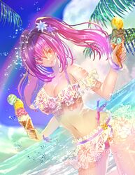  bad_id bad_twitter_id beach bikini breasts collarbone day fate/grand_order fate_(series) female flower food frilled_bikini frilled_skirt frills hair_between_eyes hair_flower hair_ornament highres holding holding_food holding_ice_cream ice_cream ice_cream_cone large_breasts licking_lips long_hair looking_at_viewer natsujiru navel off-shoulder_bikini off_shoulder outdoors purple_bikini purple_hair red_eyes scathach_(fate) scathach_skadi_(swimsuit_ruler)_(fate) see-through skirt solo swimsuit thighs tongue tongue_out twintails upper_body 