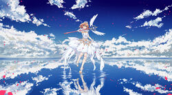  absurdres antenna_hair brown_hair cardcaptor_sakura cloud cloudy_sky commentary_request crown day dress female full_body gloves green_eyes hair_ornament highres holding holding_wand jin_yun kinomoto_sakura leg_up magical_girl outdoors reflection reflective_water ribbon ripples salar_de_uyuni shoes short_hair skirt sky solo wand water white_dress white_gloves wings yume_no_tsue 