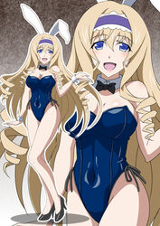  animal_ears bare_legs black_bow black_bowtie black_footwear blonde_hair blue_eyes blue_hairband blue_leotard bow bowtie breasts cecilia_alcott cleavage commentary_request detached_collar drill_hair female frilled_hairband frills hairband high_heels highres infinite_stratos kuroda_ariake large_breasts leotard long_hair looking_at_viewer playboy_bunny rabbit_ears smile solo strapless strapless_leotard wrist_cuffs zoom_layer 