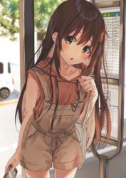  bag brown_eyes brown_hair brown_overalls bus_stop casual cellphone collarbone day female ground_vehicle hair_ornament highres holding holding_phone kukiha leaf long_hair looking_at_viewer motor_vehicle open_mouth original outdoors overall_shorts overalls phone red_shirt shirt shoulder_bag sidelocks sleeveless sleeveless_shirt smartphone solo standing tree wheel 