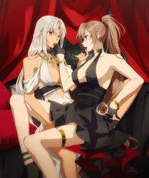  2girls amazuki_jou azur_lane body_markings cocktail_dress commentary_request dark-skinned_female dark_skin dress evening_gown facial_mark forehead_mark gold_bracelet gold_choker halter_dress halterneck high-waist_sideboob highres jean_bart_(azur_lane) jean_bart_(uninhibited_bloodstone)_(azur_lane) massachusetts_(azur_lane) massachusetts_(dressed_to_impress)_(azur_lane) md5_mismatch multiple_girls official_alternate_costume white_nails yuri 