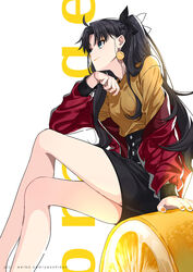  black_hair black_skirt blue_eyes chinese_commentary commentary_request crossed_legs earrings english_text fate/stay_night fate_(series) feet_out_of_frame female food food-themed_earrings fruit highres jacket jewelry long_hair long_sleeves off_shoulder orange-shaped_earrings orange_(fruit) orange_lips orange_nails orange_slice oversized_food oversized_object profile red_jacket shirt sitting skirt solo tohsaka_rin watermark web_address yaoshi_jun yellow_shirt 