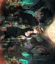  2boys black_hair brown_eyes brown_hair chromatic_aberration dominator_(gun) female formal full_moon grey_hair gun highres holding holding_gun holding_weapon kougami_shin&#039;ya long_sleeves looking_at_viewer makishima_shougo moon multiple_boys mura_karuki psycho-pass short_hair skirt spiked_hair suit tsunemori_akane weapon 