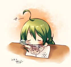  ahoge azu_torako bangs banned_artist blush chibi child_drawing closed_eyes dated drooling eyebrows_visible_through_hair female green_hair hair_between_eyes long_hair nose_bubble original saliva signature sleeping solo 