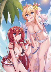  2girls alexiel_(summer)_(granblue_fantasy) asatsuki_sora ass_visible_through_thighs bare_arms bare_legs bare_shoulders bikini blonde_hair blue_eyes blue_sky breasts cleavage cloud crown day europa_(granblue_fantasy) europa_(summer)_(granblue_fantasy) feet_out_of_frame flower godsworn_alexiel granblue_fantasy hair_between_eyes hair_flower hair_ornament hand_up heart heart-shaped_eyewear highres holding holding_removed_eyewear large_breasts long_hair looking_at_viewer multiple_girls navel official_alternate_costume open_mouth outdoors palm_tree parted_lips red_hair scrunchie short_hair sky standing stomach sunglasses swimsuit thighs tree unworn_eyewear very_long_hair white_bikini wrist_scrunchie yellow_flower 