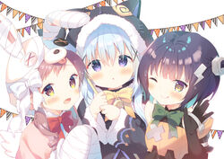  3girls :d :o ;q animal_ears animal_hat animal_hood bad_id bad_pixiv_id bandaged_ear bandaged_hand bandages bell black_capelet black_gloves black_hair black_jacket blue_hair blush bolt_(hardware) bow brown_eyes brown_hair button_eyes buttons capelet cat_ears cat_hood chimame-tai closed_mouth commentary_request cosplay elbow_gloves fake_animal_ears fur-trimmed_capelet fur-trimmed_hood fur-trimmed_sleeves fur_trim gloves gochuumon_wa_usagi_desu_ka? green_bow hair_between_eyes hair_ornament hands_up hat hood hooded_capelet jacket jingle_bell jouga_maya kafuu_chino kyoka_(halloween)_(princess_connect!) kyoka_(princess_connect!) lightning_bolt_hair_ornament lightning_bolt_symbol long_hair long_sleeves looking_at_viewer low_twintails mimi_(halloween)_(princess_connect!) mimi_(princess_connect!) mimi_(princess_connect!)_(cosplay) misogi_(halloween)_(princess_connect!) misogi_(princess_connect!) multiple_girls natsu_megumi nut_hair_ornament one_eye_closed open_mouth parted_lips pennant pink_capelet princess_connect! purple_eyes rabbit_hat red_bow simple_background smile string_of_flags tongue tongue_out twintails white_background wide_sleeves x_hair_ornament yellow_bow yuizaki_kazuya 