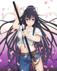  asymmetrical_clothes asymmetrical_legwear belt black_hair blue_pants breasts brown_belt closed_mouth commentary_request cowboy_shot crop_top denim female fighting_stance gradient_background hair_between_eyes hair_ribbon hands_up holding holding_sheath holding_sword holding_weapon jeans kanzaki_kaori katana large_breasts leather_belt light_blush long_hair looking_at_viewer midriff navel ootachi pants ponytail purple_eyes ready_to_draw ribbon sheath sheathed shichiten_shichitou shin_(highest1192) shirt short_sleeves single_pantsleg solo standing stomach sword thighs tied_shirt toaru_majutsu_no_index very_long_hair weapon white_ribbon wire 