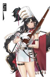  battle_rifle belt black_hair bolt_action bow braid braided_ponytail breasts brown_eyes closed_mouth earrings english_commentary feet_out_of_frame female general_liu_(girls&#039;_frontline) general_liu_(musings_in_the_morn)_(girls&#039;_frontline) general_liu_rifle girls&#039;_frontline gloves gun hairbow highres holding holding_gun holding_weapon jewelry large_breasts light_blush lips long_hair looking_at_viewer marching_band official_alternate_costume over_shoulder rifle sleeveless smile solo standing sword thigh_strap thighs tupolev-160_(artist) weapon weapon_case weapon_over_shoulder white_background white_gloves white_headwear 