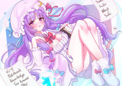  ass blue_bow blunt_bangs blush book boots bow breasts cleavage crescent dress female giorgio_(yo_sumire_sola1) hairbow hat highres holding large_breasts long_hair long_sleeves looking_at_viewer lying mob_cap patchouli_knowledge purple_eyes purple_hair red_bow solo striped touhou very_long_hair white_footwear 