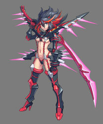  adapted_costume black_hair boots borrowed_design breasts commentary energy_sword english_commentary female full_body grey_background hairpods high_heel_boots high_heels highres huge_weapon kill_la_kill living_clothes maebari matoi_ryuuko medium_breasts microskirt multicolored_hair navel nonneim pleated_skirt red_hair revealing_clothes scissor_blade senketsu serious short_hair skirt solo suspenders sword sword_behind_back symbol-shaped_pupils thigh_boots thighhighs two-tone_hair underboob weapon 