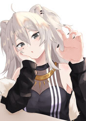  6mint :o absurdres ahoge animal_ears bare_shoulders black_nails blush breasts cleavage commentary earrings female fur-trimmed_jacket fur_trim grey_eyes grey_hair hair_between_eyes hand_up head_tilt highres hololive jacket jewelry large_breasts lion_ears lion_girl long_hair looking_at_viewer necklace open_mouth see-through see-through_cleavage shirt shishiro_botan shishiro_botan_(1st_costume) solo two_side_up upper_body virtual_youtuber 