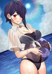  absurdres aogiri_koukou ball beachball bikini black_bikini blue_sky blush bracelet breasts cleavage closed_mouth cloud commentary_request cowboy_shot crop_top eyes_visible_through_hair female front-tie_top hair_over_one_eye highres holding holding_ball holding_beachball jewelry large_breasts lens_flare navel otodama_tamako purple_hair see-through shirt short_hair short_sleeves sky smile solo standing swimsuit transparent virtual_youtuber wet wet_clothes wet_shirt white_shirt yuya_(yuya_illust) 