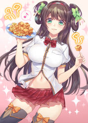  boots bow bowtie breasts brown_hair cabbage chinese_clothes clothes_lift crash_fever female green_eyes hair_rings hairband long_hair musical_note plate pleated_skirt shirt simple_background skewer skirt skirt_lift solo sparkle speech_bubble stinky_tofu tenjou_tsuki thighhighs tofu_(crash_fever) zettai_ryouiki 