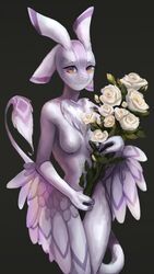  4_ears anthro avali bouquet breasts diondeath feathered_tail feathers featureless_breasts female flower flower_bouquet hi_res looking_at_viewer multi_ear naaka non-mammal_breasts nude orange_eyes plant smile solo standing tail white_rose wings 