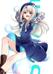  arms_behind_head arms_up bare_legs beret blue_dress blue_hat blush boots breasts bubble dress dress_flip fate/stay_night fate_(series) female hat highres illyasviel_von_einzbern long_hair looking_at_viewer open_mouth red_eyes smile solo thighs white_background white_hair yaoshi_jun 