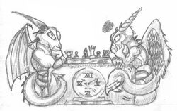  annoyed anthro board_game chess clock dragon duo female glaring graphite_(artwork) impatient low_res male monochrome mythological_creature mythological_scalie mythology pencil_(artwork) pensive playing reddragonkan scalie tail traditional_media_(artwork) 