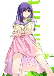  beige_sweater blush breasts closed_mouth fate/stay_night fate_(series) female hair_ribbon highres jewelry large_breasts long_hair long_skirt long_sleeves matou_sakura off-shoulder_sweater off_shoulder pink_ribbon pink_skirt purple_eyes purple_hair ribbon ring sitting skirt smile solo sweater white_background yaoshi_jun 