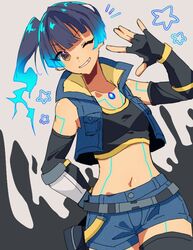  black_sports_bra blue_hair brown_hair chest_jewel crop_top female fiery_hair fingerless_gloves flat_chest gloves glowing_lines mugimugis navel one_eye_closed sena_(xenoblade) shorts shoulder_strap side_ponytail smile solo sports_bra xenoblade_chronicles_(series) xenoblade_chronicles_3 