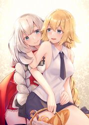  2girls :d armpit_peek backlighting bad_id bad_pixiv_id bare_arms bare_shoulders basket black_legwear black_shorts blonde_hair blue_bow blue_eyes blue_necktie blue_shorts blush bow braid breast_press breasts checkered_clothes checkered_dress cloak closed_mouth collared_shirt commentary_request dress eyelashes fate/apocrypha fate/grand_order fate_(series) hair_between_eyes hairbow hand_on_another&#039;s_cheek hand_on_another&#039;s_face hand_up highres holding holding_basket hood hood_down hooded_cloak hug hug_from_behind jeanne_d&#039;arc_(fate) jeanne_d&#039;arc_(girl_from_orleans)_(fate) kneeling long_braid long_hair looking_at_another looking_back low_tied_hair marie_antoinette_(fate) marie_antoinette_(festival_outfit)_(fate) medium_breasts multiple_girls narushima_kanna necktie official_alternate_costume open_mouth red_bow red_cloak red_dress seiza shirt short_necktie short_shorts short_sleeves shorts signature single_braid sitting sleeveless sleeveless_shirt smile striped_clothes striped_dress thigh_gap thighhighs underbust vertical-striped_clothes vertical-striped_dress very_long_hair white_dress white_hair white_shirt wing_collar yuri zettai_ryouiki 