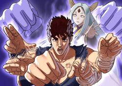  1boy absurdres afterimage archived_source attack aura clenched_hand cromachina crossover energy energy_fist facial_mark female fingernails forehead_jewel forehead_mark grey_eyes grey_hair grey_horns highres hokuto_hyakuretsu_ken hokuto_no_ken horns kenshiro long_fingernails long_hair looking_at_viewer magic motion_lines naruto_(series) naruto_shippuuden ootsutsuki_kaguya open_mouth parody punching rapid_punches rinne_sharingan screaming sharp_fingernails short_eyebrows thick_eyebrows third_eye tomoe_(symbol) very_long_hair white_eyes 