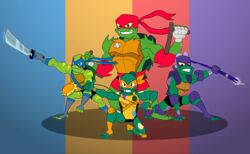  action_pose alligator_snapping_turtle anthro belt box_turtle club_(weapon) darkajugin donatello_(rottmnt) donatello_(tmnt) green_body green_skin group hi_res kusarigama leonardo_(rottmnt) leonardo_(tmnt) male markings mask melee_weapon michelangelo_(rottmnt) michelangelo_(tmnt) nightstick odachi ornate_box_turtle pond_slider pose raphael_(rottmnt) raphael_(tmnt) red-eared_terrapin reptile rise_of_the_teenage_mutant_ninja_turtles scalie shell snapping_turtle softshell_turtle spiny_softshell_turtle staff teenage_mutant_ninja_turtles terrapin turtle weapon yellow_eyes 