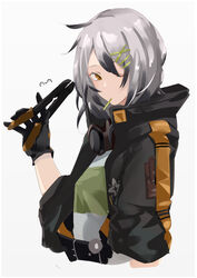  absurdres artist_name black_gloves black_jacket brown_eyes candy closed_mouth commentary croque_(neural_cloud) female food girls&#039;_frontline girls&#039;_frontline_neural_cloud gloves grey_hair hair_ornament hairpin highres holding holding_instrument instrument jacket lollipop looking_at_viewer medium_hair mouth_hold one_eye_closed open_clothes open_jacket shirt solo sutekina_awa upper_body white_background white_shirt 