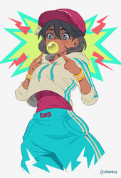  ajna_(indivisible) baggy_pants bangs baseball_cap black_hair blue_pants bubble_blowing casual chewing_gum commentary contemporary cropped_legs double_vertical_stripe drawstring english_commentary female green_eyes grey_background hat hood hoodie indivisible long_sleeves pants pointing pointing_at_self purple_headwear purple_shirt shirt simple_background solo standing twitter_username vinhnyu white_shirt wristband 