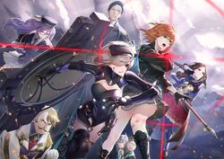  1other 3boys 4girls absurdres adjusting_eyewear atlas_academy_school_uniform black_gloves black_hair blonde_hair blood brown_hair captain_nemo_(fate) command_spell commentary_request facial_hair fate/grand_order fate_(series) fujimaru_ritsuka_(female) fujimaru_ritsuka_(female)_(polar_chaldea_uniform) glasses gloves goredolf_musik highres injury jeancle_abel_meuniere leonardo_da_vinci_(fate) leonardo_da_vinci_(rider)_(fate) lord_camelot_(fate) mash_kyrielight mash_kyrielight_(ortenaus) moustache mugetsu2501 multiple_boys multiple_girls nemo_(fate) nosebleed orange_hair purple_hair school_uniform sherlock_holmes_(fate) shield sion_eltnam_sokaris skirt staff turban twintails 