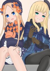  2girls :d abigail_williams_(fate) atsumisu bad_id bad_pixiv_id beret black_bow black_dress black_headwear black_legwear blonde_hair bloomers blue_dress blue_eyes blunt_bangs blush bow brown_background brown_gloves bug butterfly commentary_request crossed_legs dress fate/grand_order fate_(series) fur-trimmed_sleeves fur_trim gloves green_eyes grin hairbow half-closed_eyes hat hugging_object long_hair long_sleeves looking_at_viewer lord_el-melloi_ii_case_files multiple_girls multiple_hair_bows open_mouth orange_bow pantyhose parted_bangs polka_dot polka_dot_bow reines_el-melloi_archisorte sitting sleeves_past_fingers sleeves_past_wrists smile stuffed_animal stuffed_toy teddy_bear tilted_headwear underwear v-shaped_eyebrows very_long_hair white_bloomers 