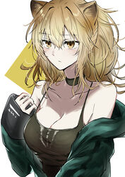  absurdres animal_ears arknights bare_shoulders black_choker blonde_hair blush breasts brown_eyes camisole choker cleavage collarbone commentary_request female green_jacket hair_between_eyes highres jacket jiru_(6pp_ab) lion_ears lion_girl long_hair long_sleeves off_shoulder official_alternate_costume partial_commentary siege_(arknights) siege_(legacy)_(arknights) simple_background solo spaghetti_strap upper_body 