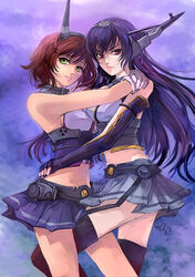  2girls artist_name brown_hair commentary_request fingerless_gloves gloves green_eyes headgear hideki horns hug kantai_collection leg_between_thighs long_hair midriff miniskirt multiple_girls mutsu_(kancolle) mutual_hug nagato_(kancolle) photoshop_(medium) pleated_skirt purple_hair red_eyes short_hair signature skirt thighhighs white_gloves 