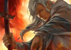  1boy arslan_senki commentary_request esterhazy fire long_hair low_ponytail male_focus manly narsus purple_eyes solo sword weapon white_hair 